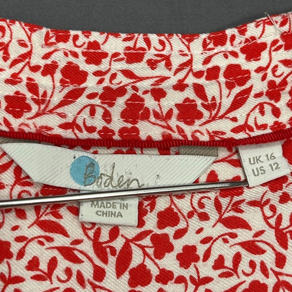 Boden Women Red White Floral Viscose Long Sleeve Blouse Top Sz US 12 Button Up - Picture 3 of 6